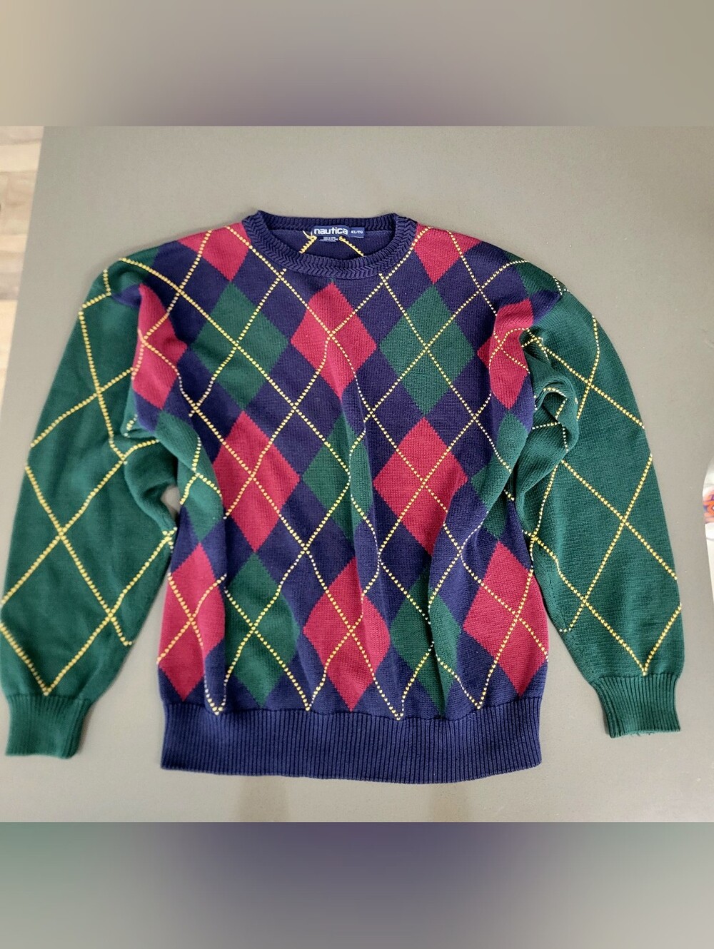 Vintage Nautica Argyle Crewneck Sweater XL 100% Cotton Green Navy Red Knit
